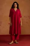 Buy_Rhua_Red Silk V-neck Pure Kurta And Pant Set _at_Aza_Fashions