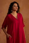 Shop_Rhua_Red Silk V-neck Pure Kurta And Pant Set _Online_at_Aza_Fashions