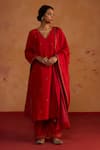 Buy_Rhua_Red Silk Embroidery, Zari V-neck And Zardozi Kurta Set _at_Aza_Fashions