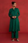 Shop_Rhua_Emerald Green Silk Embroidery Mandarin Collar, Button-down Handwoven Kurta Set _Online_at_Aza_Fashions