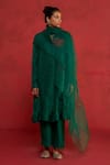 Buy_Rhua_Emerald Green Silk Embroidery Mandarin Collar, Button-down Handwoven Kurta Set _at_Aza_Fashions