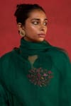 Rhua_Emerald Green Silk Embroidery Mandarin Collar, Button-down Handwoven Kurta Set _at_Aza_Fashions