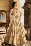 Buy_Seema Gujral_Cream Net Pearls, Sequins, Embroidery V-neck Jacket Lehenga Set _at_Aza_Fashions