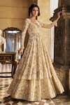 Seema Gujral_Cream Net Pearls, Sequins, Embroidery V-neck Jacket Lehenga Set _at_Aza_Fashions