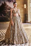 Buy_Seema Gujral_Gold Net Applique, Crystals, Sequins, Metallic 3d Embroidered Bridal Lehenga Set _at_Aza_Fashions