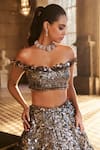 Seema Gujral_Silver Net Applique, Sequins, Crystals, Tassels Metallic 3d Lehenga Set _at_Aza_Fashions