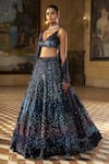 Buy_Seema Gujral_Blue Net Sequins, Tassels V-neck Jewel Tone Embroidered Lehenga Set _Online_at_Aza_Fashions
