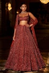 Buy_Seema Gujral_Red Net Crystals, Sequins, Beads, Embroidery Sweetheart Neck Brick Lehenga Set _at_Aza_Fashions