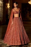 Buy_Seema Gujral_Orange Net Crystals, Sequins, Beads, Tassels, Embroidery Copper Lehenga Set _at_Aza_Fashions