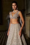 Shop_Seema Gujral_Silver Net, Organza Crystals, Stones, Embroidery, Tassels V-neck Lehenga Set _Online_at_Aza_Fashions
