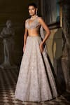 Buy_Seema Gujral_Silver Net, Organza Crystals, Stones, Embroidery, Tassels V-neck Lehenga Set _at_Aza_Fashions