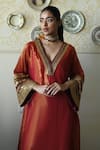 Shorshe Clothing_Red Tissue Embroidery, Lace V-neck Waheeda Hand Kaftan _Online_at_Aza_Fashions