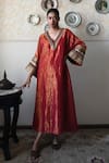 Buy_Shorshe Clothing_Red Tissue Embroidery, Lace V-neck Waheeda Hand Kaftan _at_Aza_Fashions