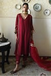 Buy_Shorshe Clothing_Red Silk Embroidery, Lace V-neck Taj Raw Kaftan And Pant Set _at_Aza_Fashions