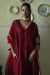 Buy_Shorshe Clothing_Red Silk Embroidery, Lace V-neck Taj Raw Kaftan And Pant Set _Online_at_Aza_Fashions