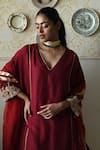 Shorshe Clothing_Red Silk Embroidery, Lace V-neck Taj Raw Kaftan And Pant Set _at_Aza_Fashions