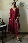 Buy_Shorshe Clothing_Red Silk Embroidery, Lace V-neck Taj Raw Kaftan And Pant Set 