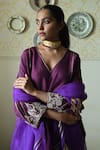 Shorshe Clothing_Purple Silk Lace, Embroidery V-neck Taj Raw Kaftan And Pant Set _Online_at_Aza_Fashions