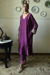 Shorshe Clothing_Purple Silk Lace, Embroidery V-neck Taj Raw Kaftan And Pant Set _at_Aza_Fashions