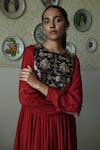 Shorshe Clothing_Red Silk Embroidery, Lace Round Neck Vaani Brocade Woven Dress _Online_at_Aza_Fashions