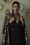 Shop_Shorshe Clothing_Brown Silk Embroidery, Lace V-neck Princess Hand Dress _Online_at_Aza_Fashions