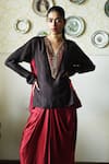 Shorshe Clothing_Brown Silk Embroidery, Lace V-neck Kurta And Cowl Skirt Set _Online_at_Aza_Fashions