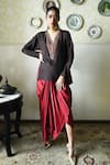 Buy_Shorshe Clothing_Brown Silk Embroidery, Lace V-neck Kurta And Cowl Skirt Set _at_Aza_Fashions