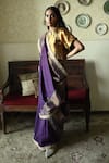 Buy_Shorshe Clothing_Purple Silk, Tissue Embroidery, Lace Chinaar Diagonal Hand Saree _at_Aza_Fashions