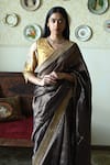 Shorshe Clothing_Brown Chanderi Silk, Tissue Lace, Embroidery Sati Stripes Saree _Online_at_Aza_Fashions