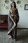 Shop_Shorshe Clothing_Brown Chanderi Silk, Tissue Lace, Embroidery Sati Stripes Saree _at_Aza_Fashions