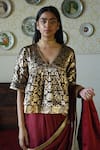 Shorshe Clothing_Brown Brocade Zari V-neck Gujrat Blouse _Online_at_Aza_Fashions