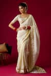 Buy_RAYASHA KHAN_Off White Silk, Tissue, Satin Zari, Zahara Banarasi Stripe Saree With Blouse _at_Aza_Fashions