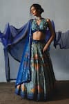 Buy_Basil Leaf_Blue Tussar, Chiffon, Organza Sequins, Embroidery Mosaic Print Lehenga Set _at_Aza_Fashions
