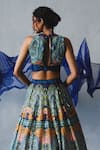 Shop_Basil Leaf_Blue Tussar, Chiffon, Organza Sequins, Embroidery Mosaic Print Lehenga Set _at_Aza_Fashions