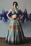 Basil Leaf_Blue Tussar, Chiffon, Organza Sequins, Embroidery Mosaic Print Lehenga Set _Online_at_Aza_Fashions