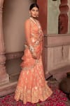 Buy_Nidhi Kejriwal_Peach Doriya, Organza Zari, Sequins, Peacock Hand Lehenga Saree And Blouse Set _Online_at_Aza_Fashions