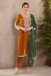 Buy Samyukta Singhania Mustard Velvet Embroidery Round Neck Heavy Kurta Set With Dupatta at Aza Fashions Buy_Samyukta Singhania_Mustard Velvet Embroidery Round Neck Heavy Kurta Set With Dupatta _at_Aza_Fashions