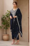 Buy_Samyukta Singhania_Navy Velvet Embroidery V-neck Blue Kurta Set With Dupatta _at_Aza_Fashions