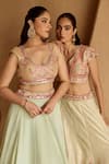 SUHINO Ivory Tissue, Organza Embroidery, Mirrors, Sequins, Piping V-neck Lehenga Set Online at Aza Fashions SUHINO_Ivory Tissue, Organza Embroidery, Mirrors, Sequins, Piping V-neck Lehenga Set _Online_at_Aza_Fashions