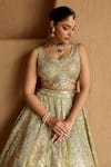 SUHINO Green Tissue, Organza Mirrors, Zari, Embroidery Leaf Neck Dual Kali Lehenga Set Online at Aza Fashions SUHINO_Green Tissue, Organza Mirrors, Zari, Embroidery Leaf Neck Dual Kali Lehenga Set _Online_at_Aza_Fashions