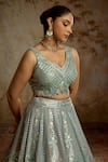 SUHINO Gray Silk, Organza Embroidery, Mirrors V-neck Grey Tissue Lehenga Set Online at Aza Fashions SUHINO_Gray Silk, Organza Embroidery, Mirrors V-neck Grey Tissue Lehenga Set _Online_at_Aza_Fashions
