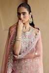 SUHINO_Pink Silk, Organza Mirrors, Embroidery Round Neck Kurta Sharara Set _Online_at_Aza_Fashions