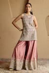 Buy_SUHINO_Pink Silk, Organza Mirrors, Embroidery Round Neck Kurta Sharara Set _Online_at_Aza_Fashions