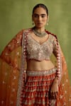 SUHINO_Orange Silk, Net Mirrors, Embroidery, Zari V-neck Rust Lehenga Set _Online_at_Aza_Fashions