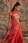 Buy_Show Shaa_Red Embroidery, Applique Round Neck, Keyhole Hand Crop Top And Chanderi Kali Pant _Online_at_Aza_Fashions