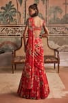 Shop_Show Shaa_Red Chiffon, Net Embroidery, Cut Work, Floral Pre-draped Saree And Blouse _at_Aza_Fashions