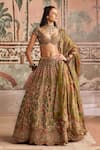 Buy_Show Shaa_Olive Green Dupion, Silk Embroidery, Printed Lehenga, Blouse And Dupatta Set _at_Aza_Fashions