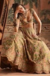 Shop_Show Shaa_Olive Green Dupion, Silk Embroidery, Printed Lehenga, Blouse And Dupatta Set _Online_at_Aza_Fashions