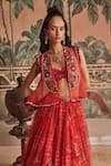 Show Shaa_Red Net, Organza Embroidery, Fabric Flowers Jacket, Bustier And Floral Skirt Set _Online_at_Aza_Fashions
