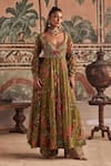 Buy_Show Shaa_Olive Green Chiffon, Dupion Floral Printed Anarkali, Pant And Dupatta Set _at_Aza_Fashions